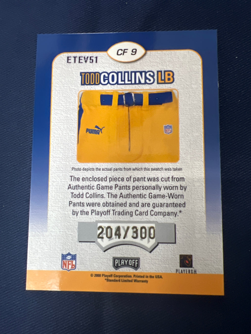 Football: Todd Collins: Championship Fabric Pants: #204/300