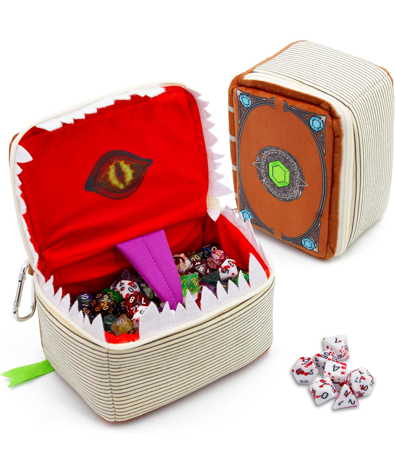 Mimic Spell Book Case plush with 7 RPG dice