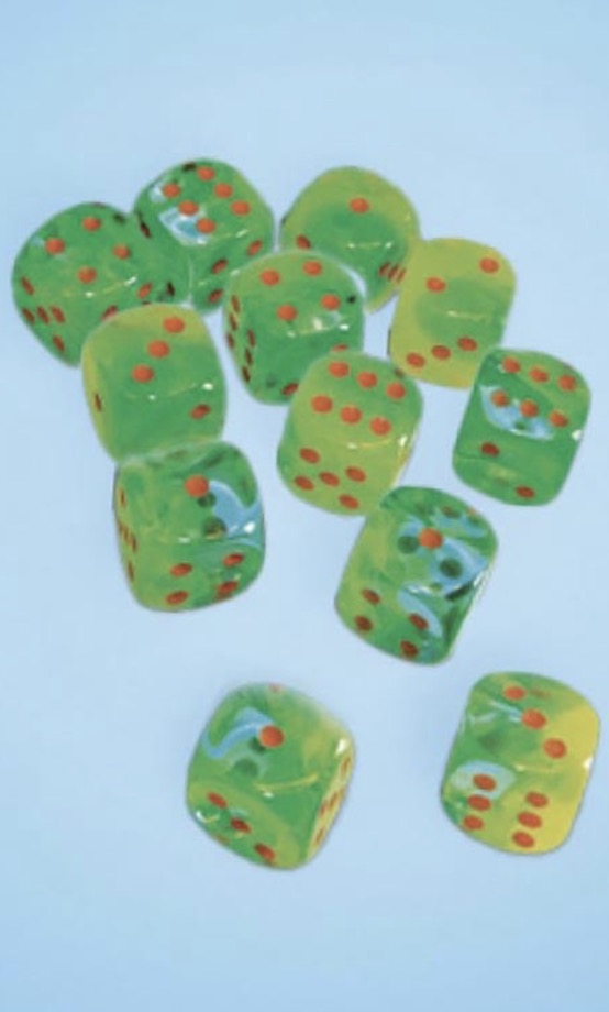 DICE MENAGERIE 11: GEMINI 12MM D6 PLASMA GREEN-TEAL WITH ORANGE LUMINARY DICE BLOCK (36 DICE)