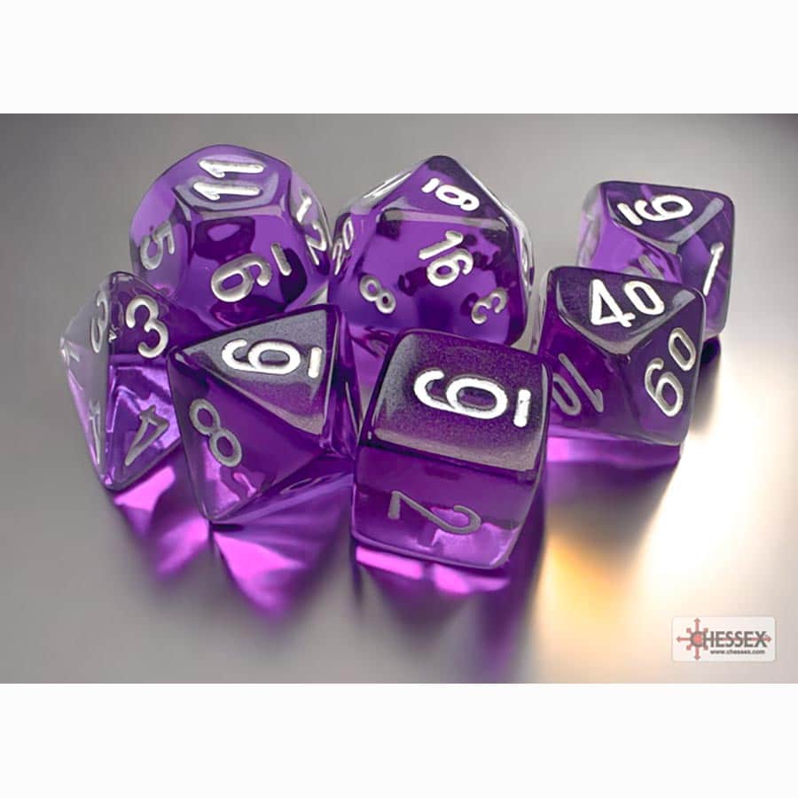 7ct Mini-Polyhedral Dice Set: Translucent Purple With White