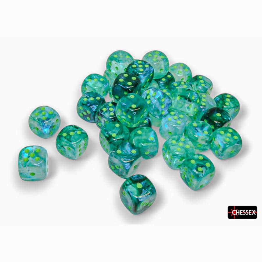 DICE MENAGERIE 11: BOREALIS 12MM D6 KELP WITH LIGHT GREEN LUMINARY DICE BLOCK (36 DICE)
