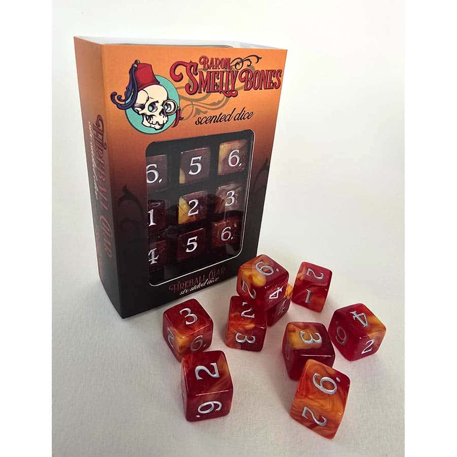 STUDIO WOE: BARON SMELLY BONES SCENTED DICE: FIREBALL CHAR 9D6 DICE SET